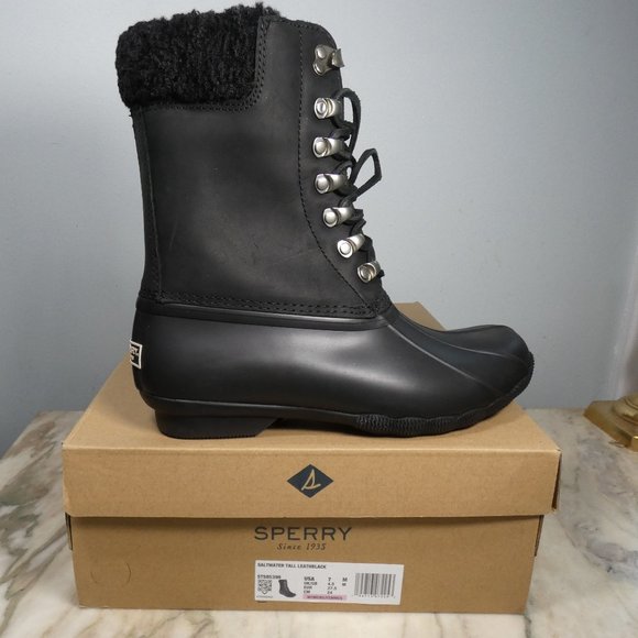 Sperry Shoes - Sperry womens Saltwater Tall Leather Cozy Rain Boot, Black, 7 US